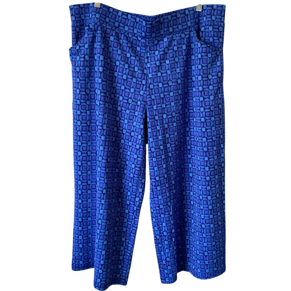 ISAAC MIZRAHI LIVE NWOT Printed Pull On Liquid Knit Cropped Pants Blue XL Petite